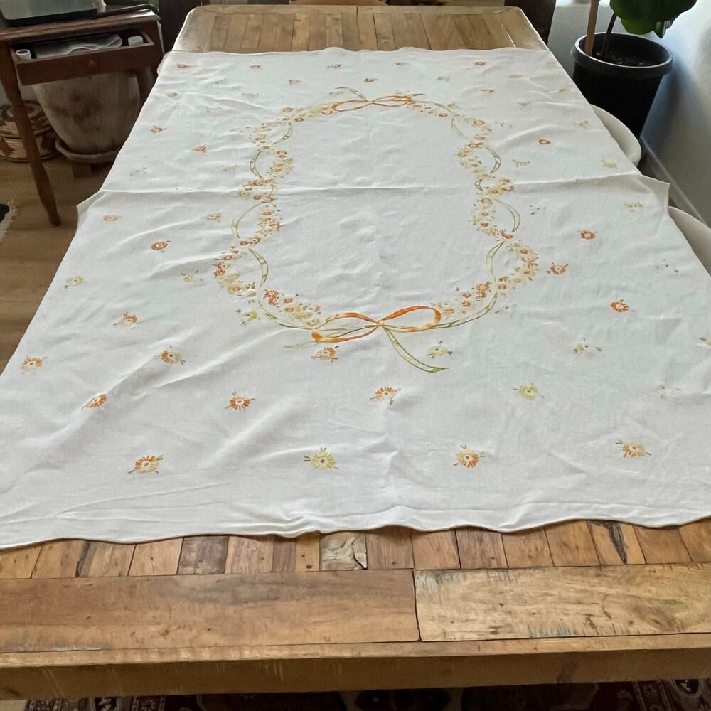 Vintage Cream Linen Tablecloth 48 in x 62 in Yellow Orange Wreath Embroidery